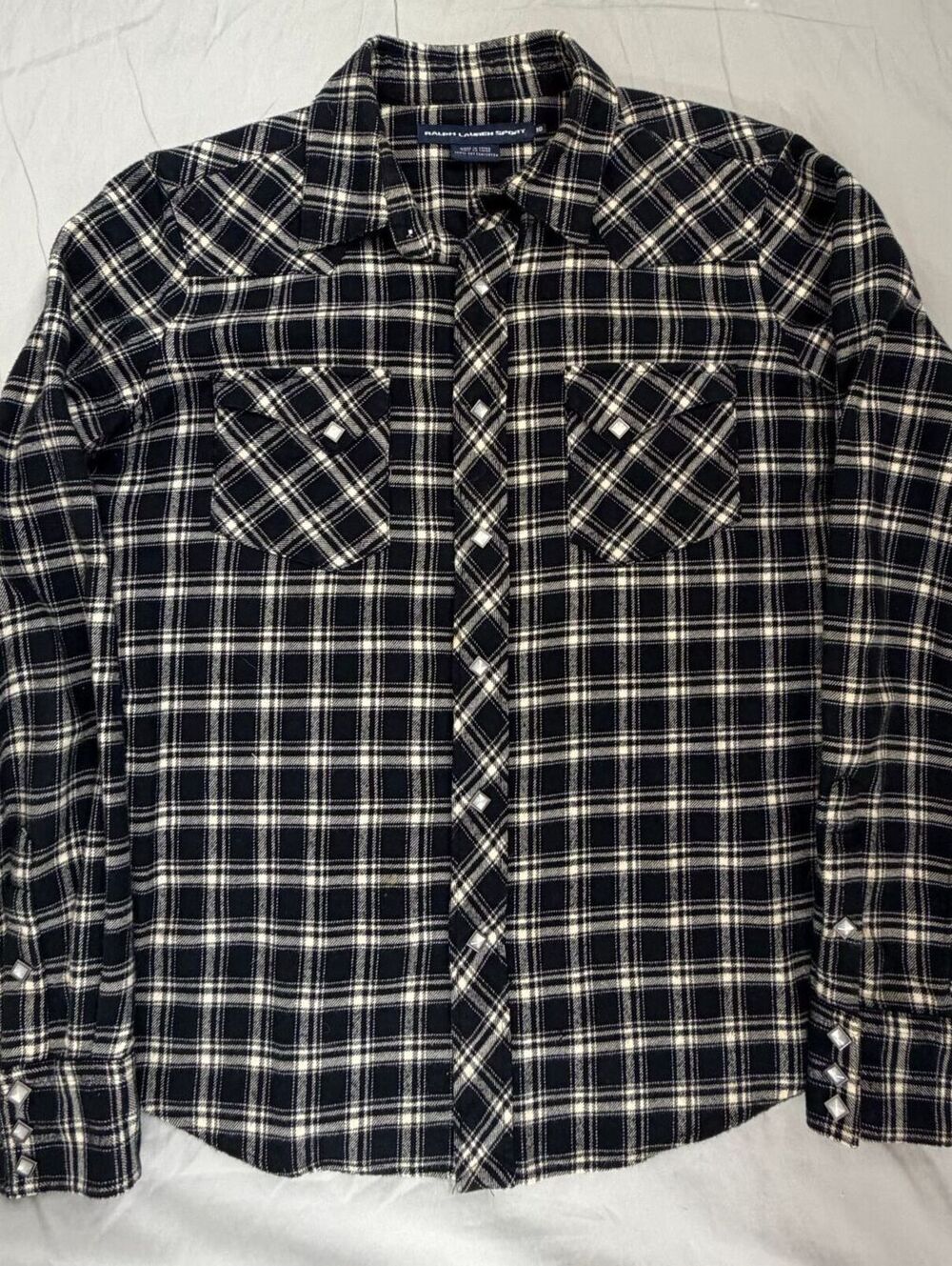 Ralph Lauren Sport Women's 100% Cotton Black White Plaid Flannel Shirt Sz 10